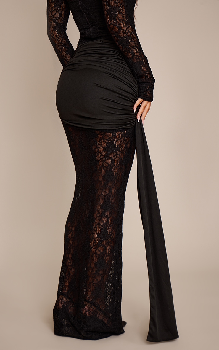 Jupe longue moulante en dentelle noire froncée à partie superposée drapée image 3