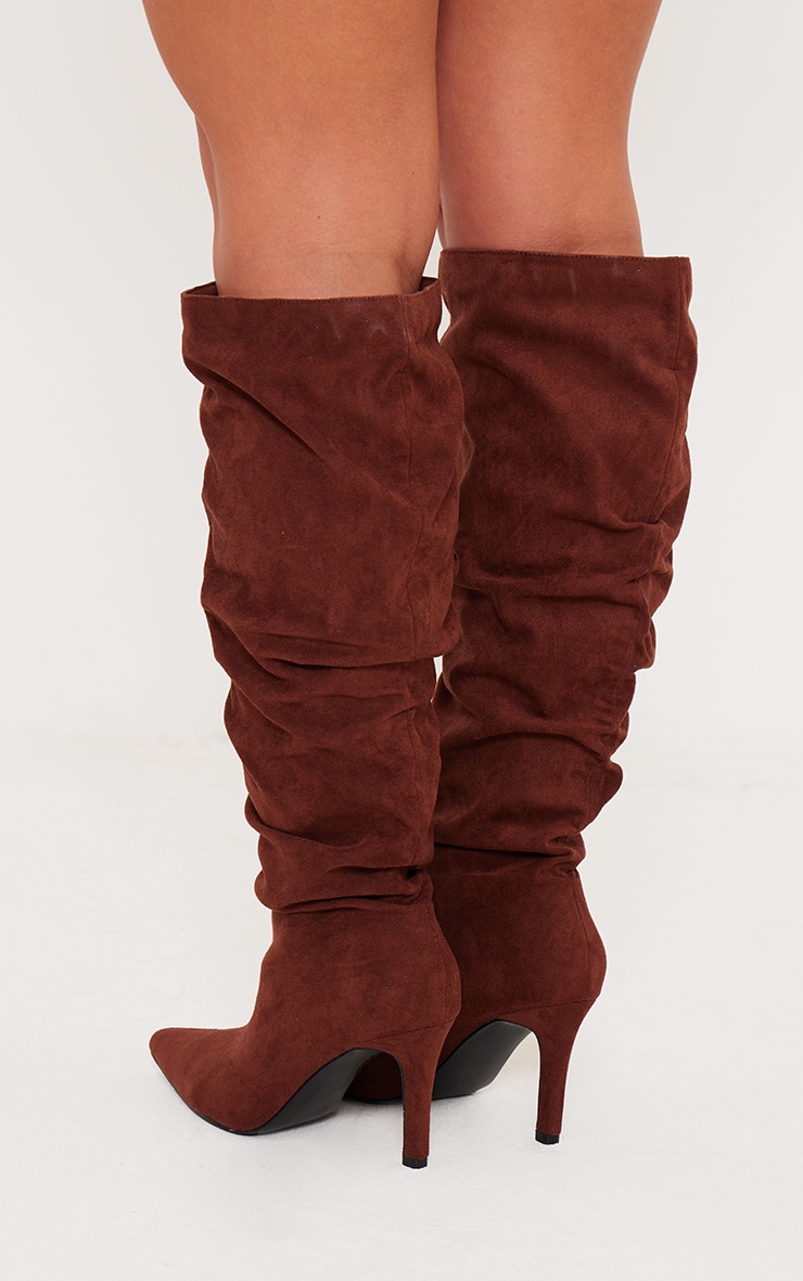 Chocolate Burnished Faux Suede Ruched Mid High Heeled Knee Boots image 4