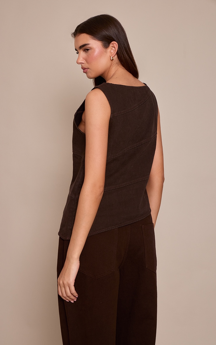 Chocolate Asymmetric Seam Detail Sleeveless Denim Top image 2
