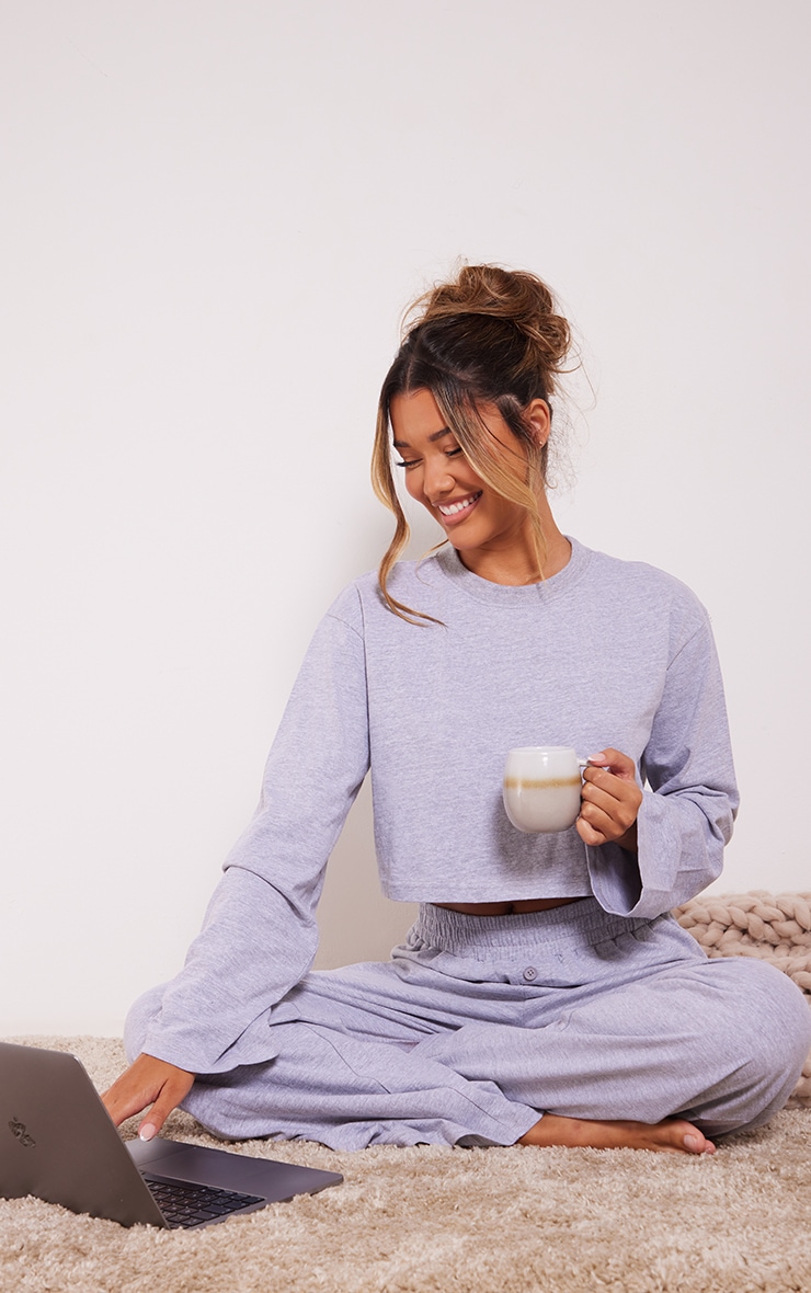 T shirt Pyjama Court Oversize Jersey Gris Chiné À Manches Longues