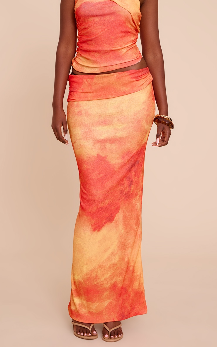 Orange Abstract Print Onion Skin Low Waist Maxi Skirt image 2
