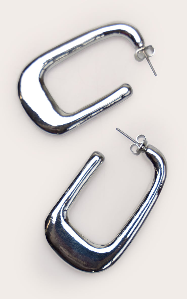 Silver Smooth Chunky Rectangular Hoop Earrings image 3