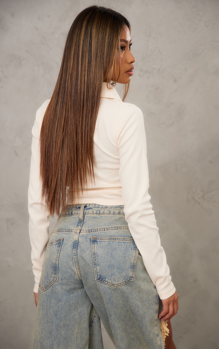 Cream Jumbo Rib Collar Double Zip Top | Tops | PLT USA