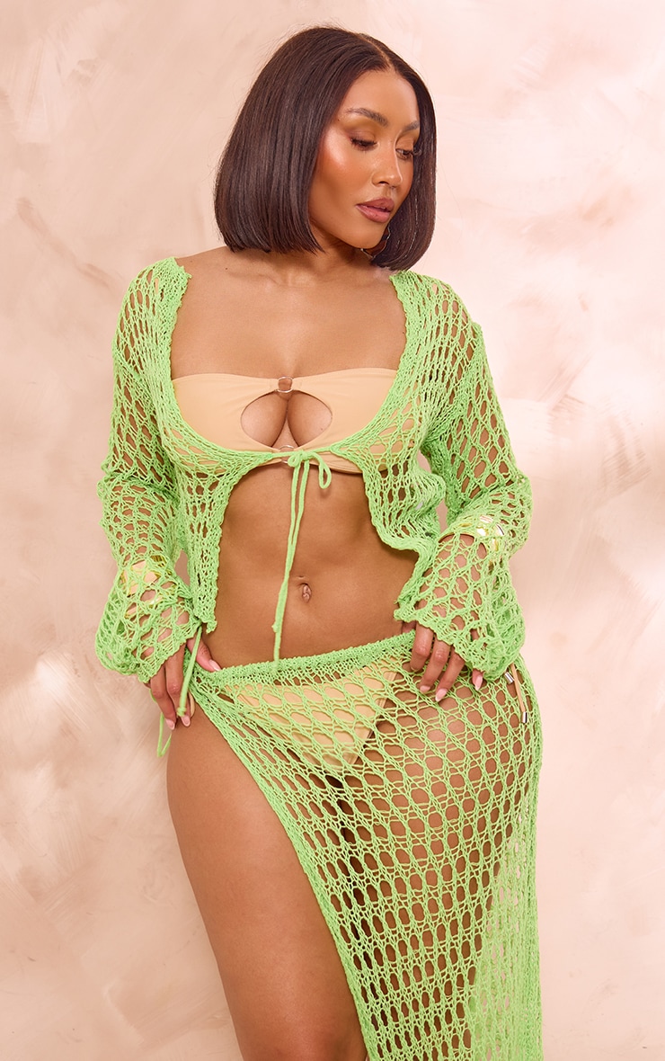 Shape Lime Knit Tie Front Long Sleeve Top image 1