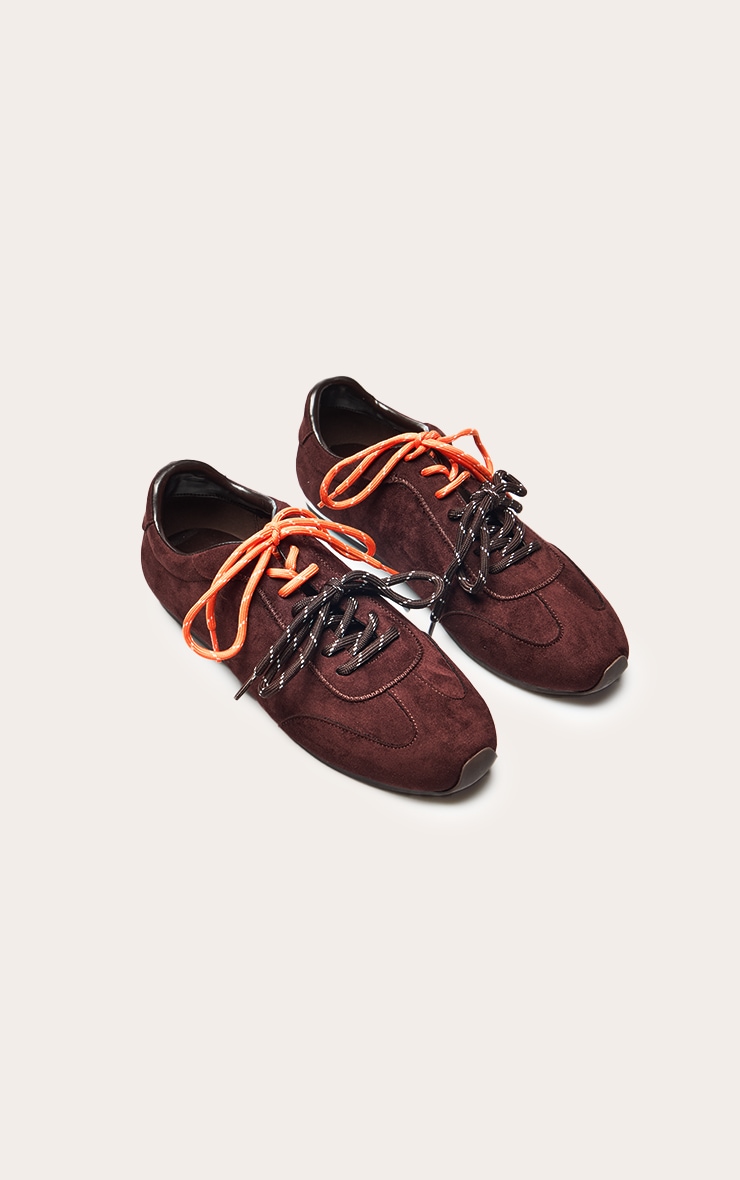 Chocolate Faux Suede Contrast Lace Sneakers image 3