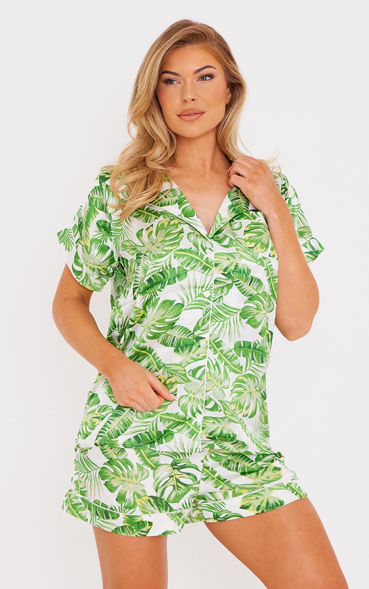 Green Palm Print Satin Short Pj Set image 4