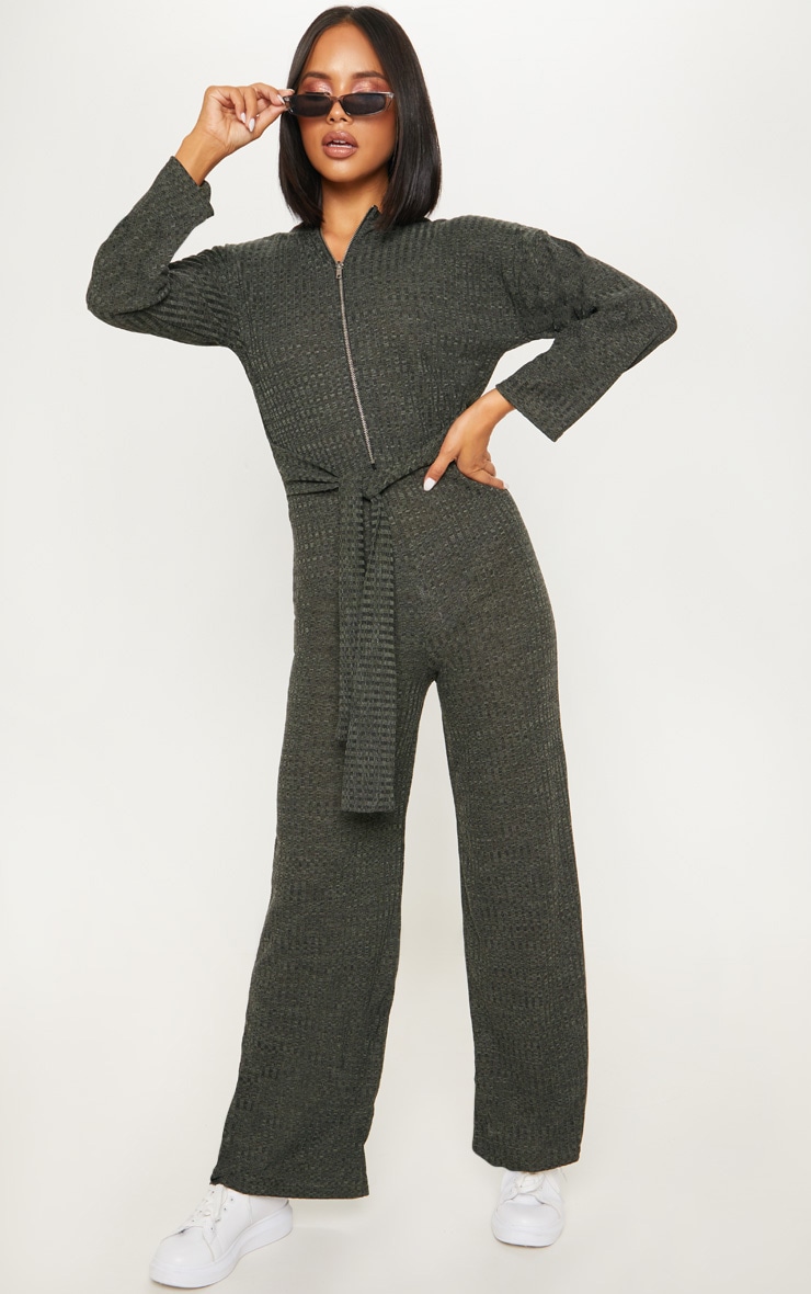 Khaki Rib Crew Neck Long Sleeve Jumpsuit PrettyLittleThing USA