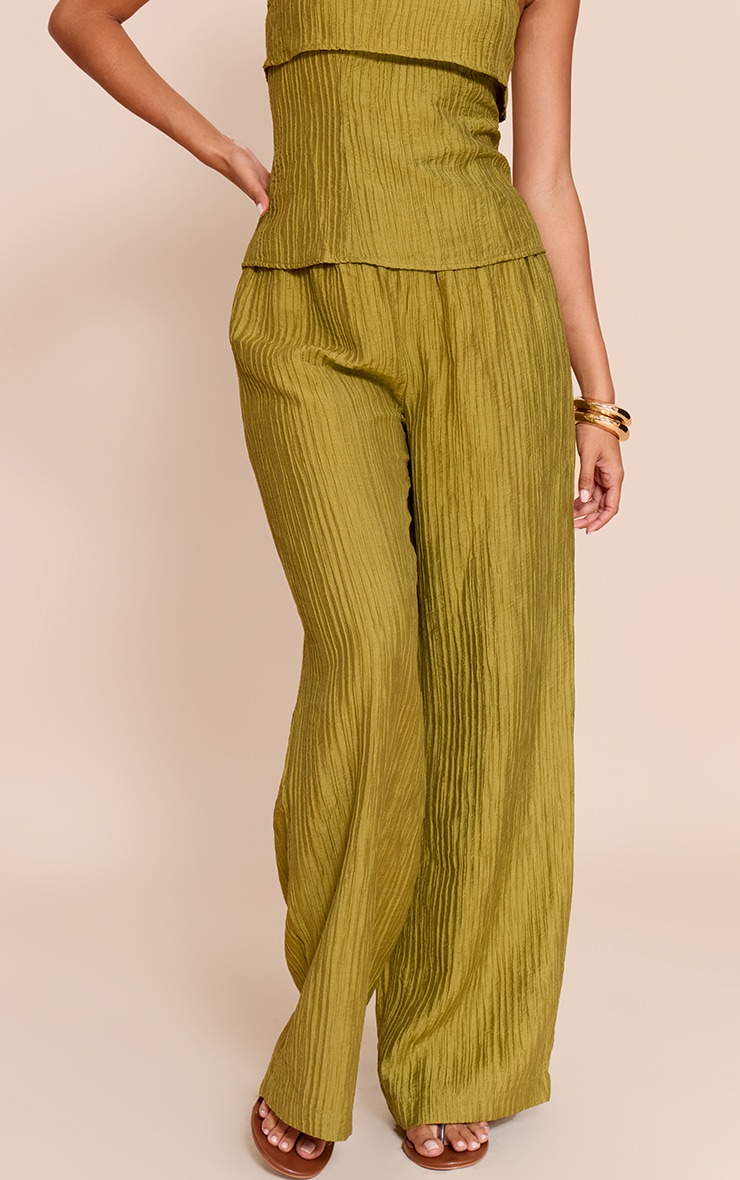 Olive Textured Woven Mid Rise Wide Leg Pants image 2