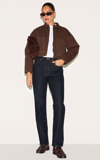 Chocolate Twill Contrast Collar Cropped Jacket