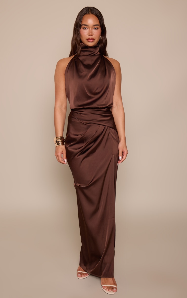 Chocolate Satin High Neck Sleeveless Maxi Dress