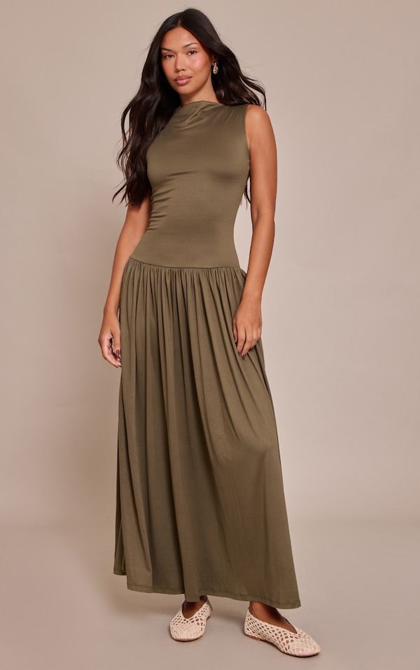 Robe longue doublée en jersey kaki à taille tombante