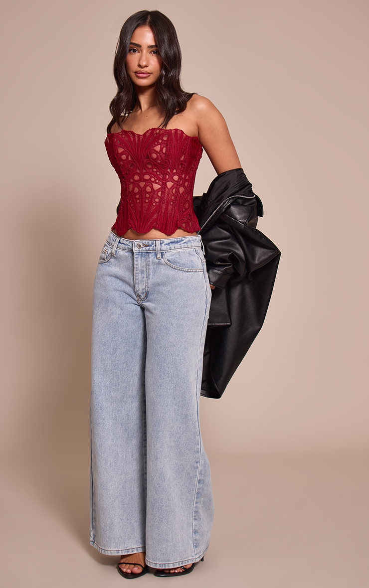 Petite Burgundy Textured Sheer Floral Lace Corset image 3