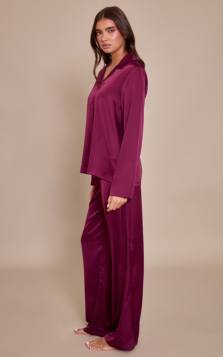 Wine Satin Long Sleeve Button Down Shirt PJ Set image 3
