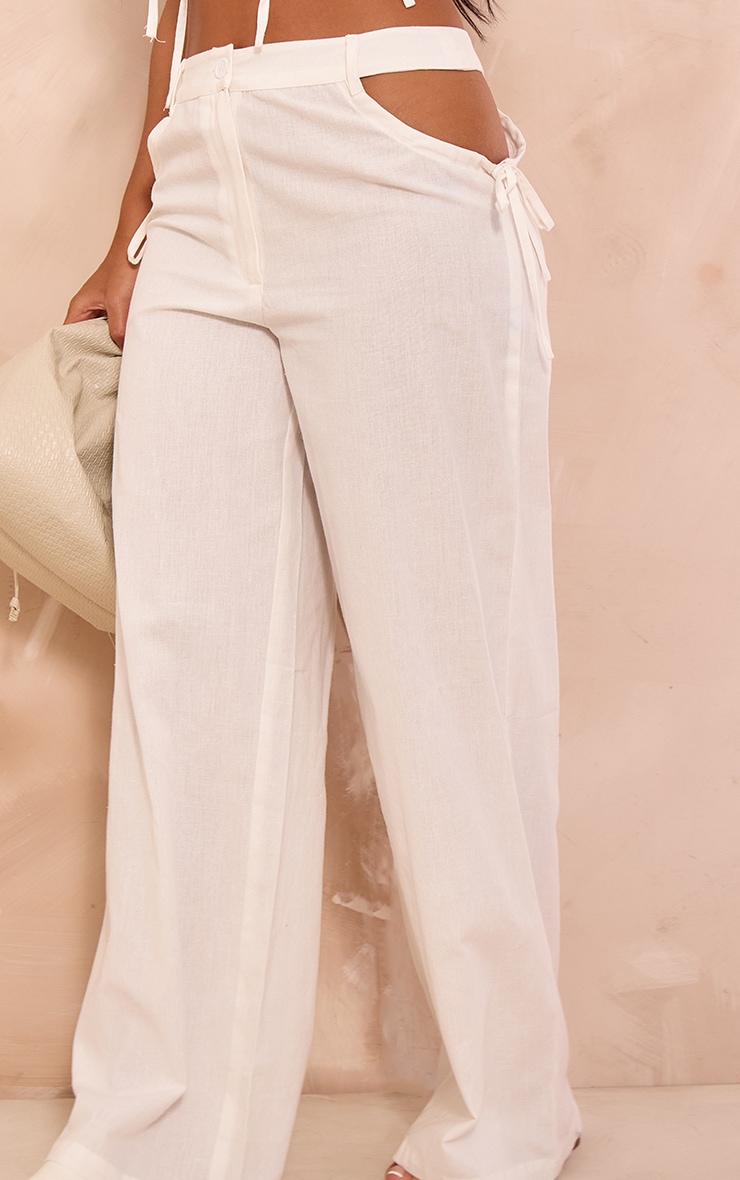 Petite White Linen Look Cut Out Side Wide Leg Trousers image 4