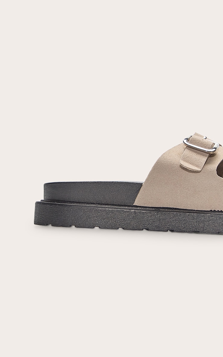 Beige Faux Suede Double Buckle Footbed Sandals image 3