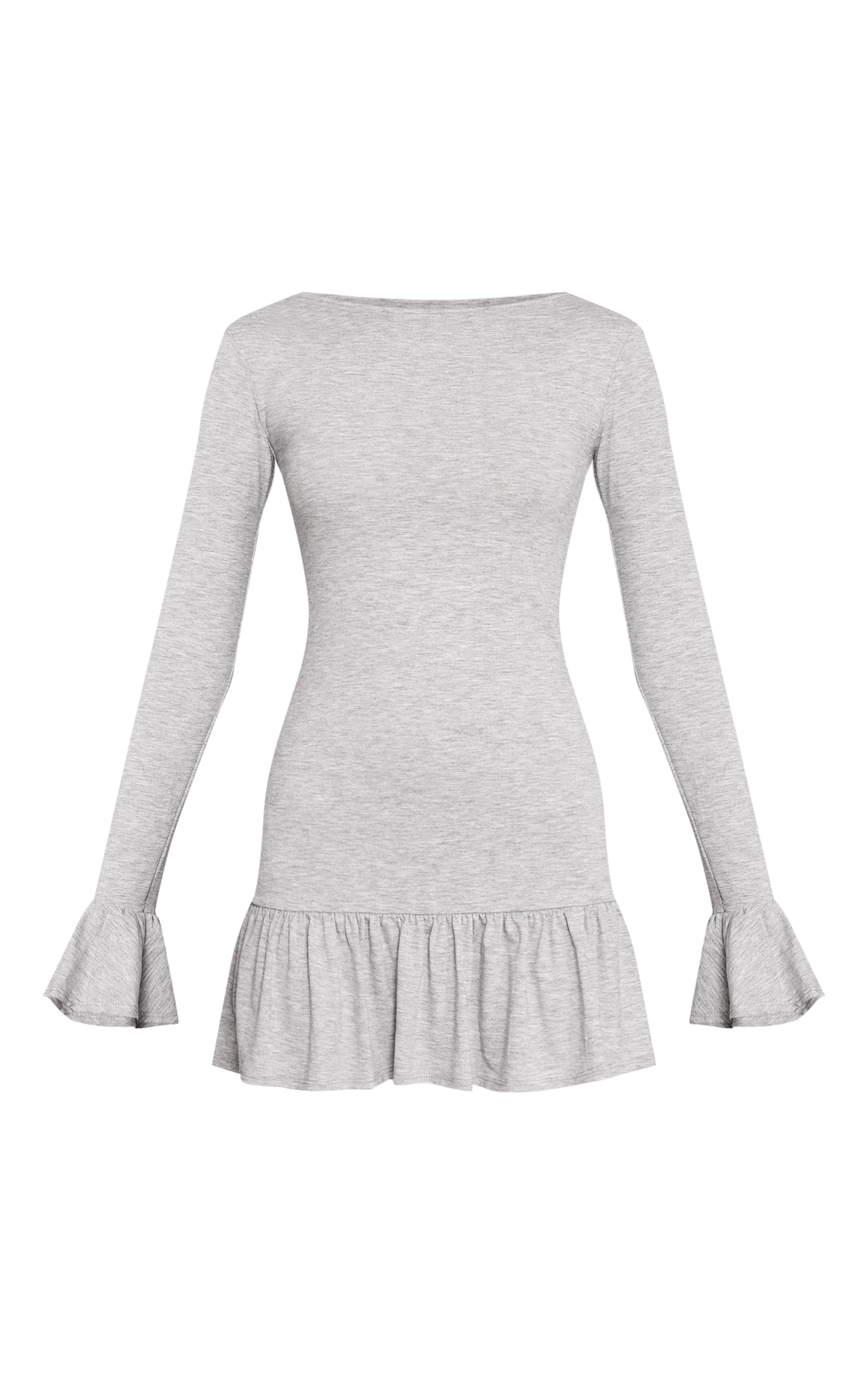 Grey Marl Dropped Frill Hem Long Sleeve Mini Dress image 5