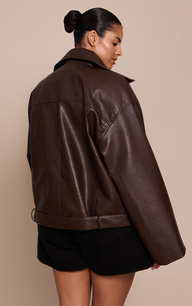 Plus Brown Faux Leather Oversized Biker Jacket | Plus Size | PLT USA