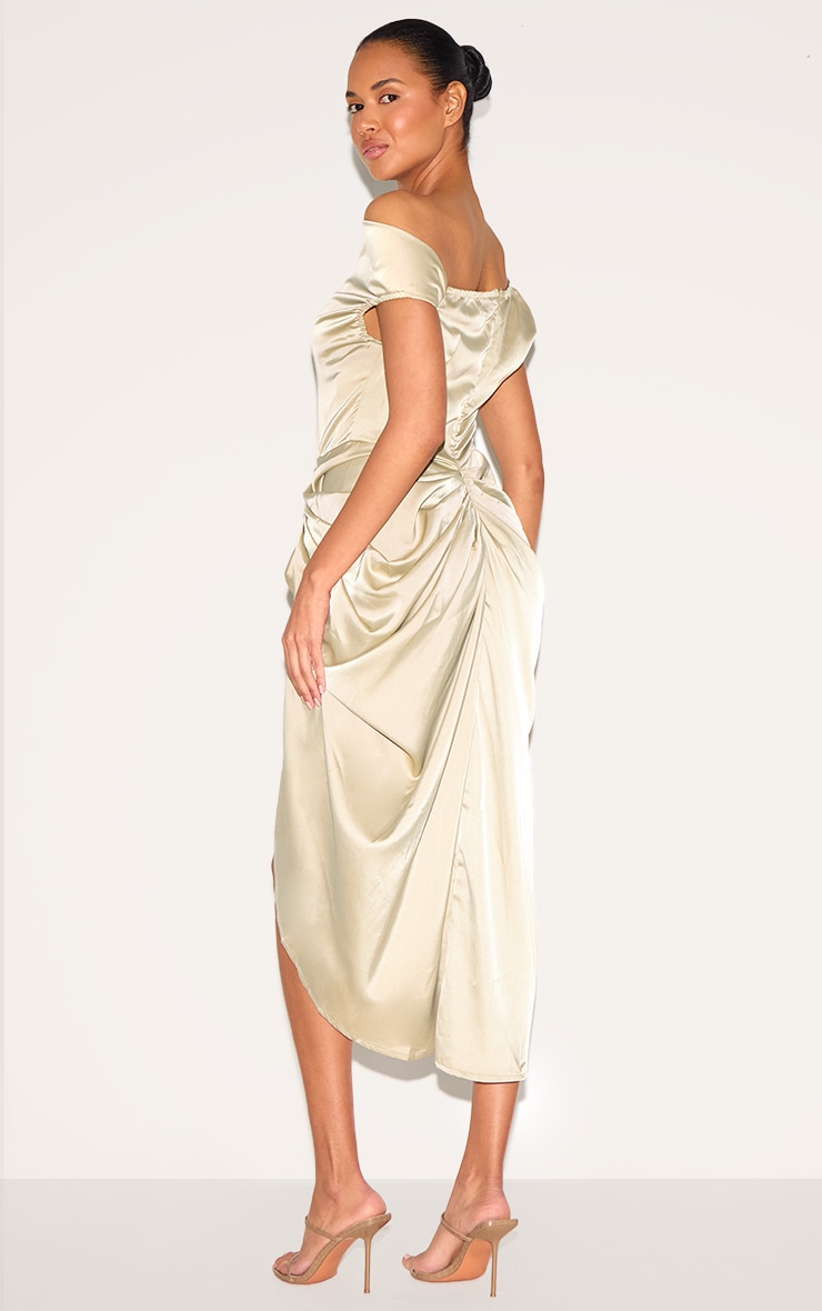 Sage Green Satin Off The Shoulder Draped Skirt Midi Dress image 2