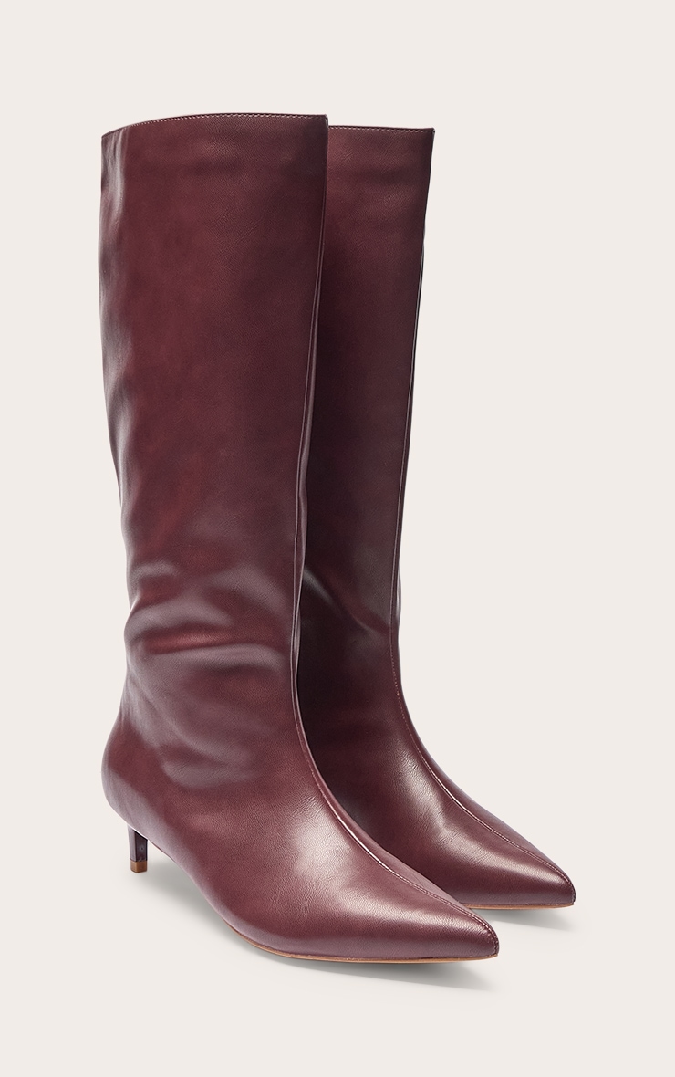 Plum PU Point Toe Low Stiletto Knee High Heeled Boots image 3