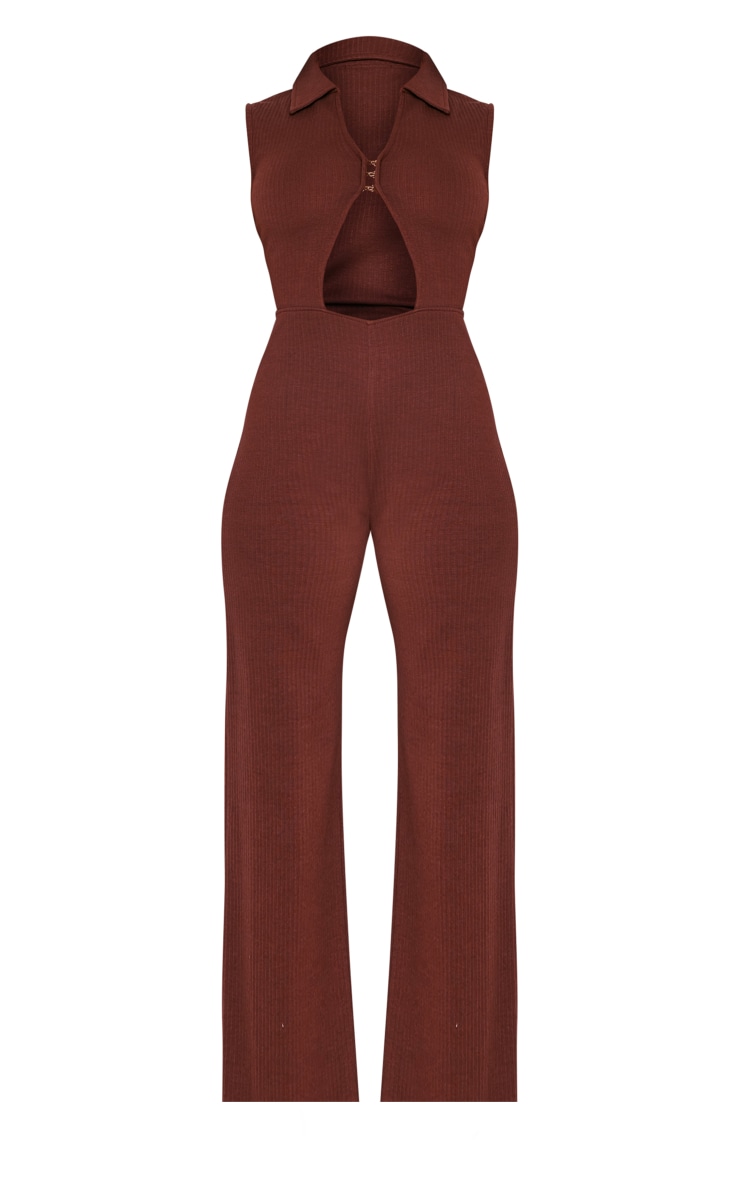 Chocolate Thick Rib Hook & Eye Collar Detail Jumpsuit image 5