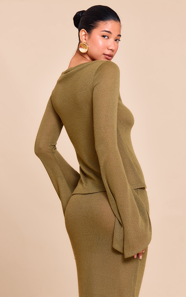 Olive Textured Flute Sleeve Long Sleeve Top image 2
