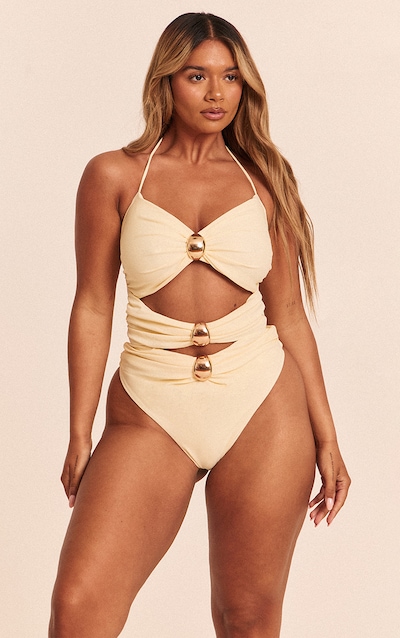 Shape Butter Cream Strappy Gold Trim Twist Front Swimsuit