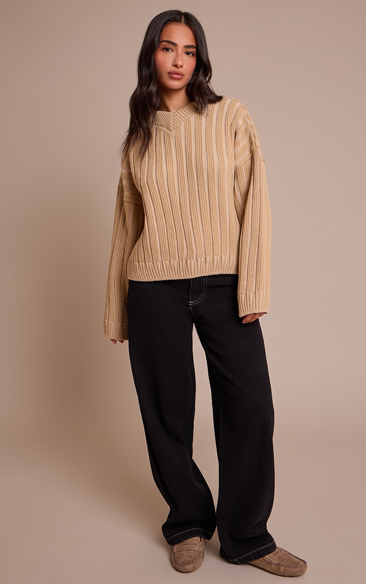 Petite Pull en maille tricot épaisse côtelée beige à col en V image 3