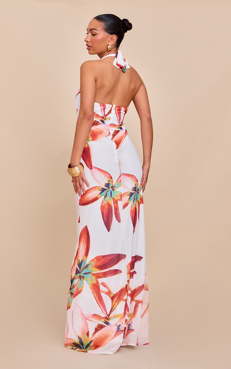 Cream Printed Plunge Tie Detail Maxi Dress image 2