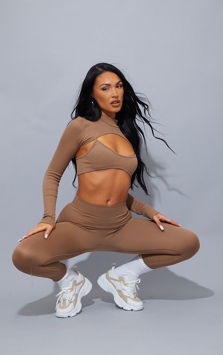 Brown Structured Snatched Rib Cut Out High Neck Long Sleeve Crop Top image 1