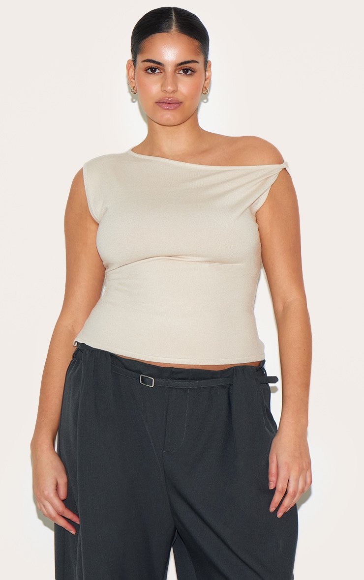 Plus Oatmeal Basic Knit Asymmetric Twist Sleeve Vest Top image 1