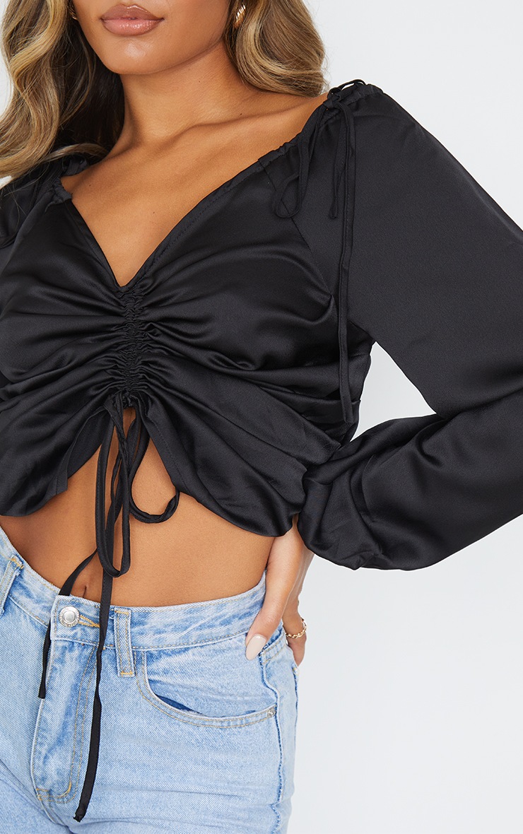 Black Satin Ruched Tie Detail Blouse image 4