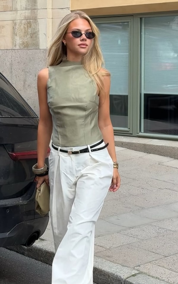 Cream Belted Extreme Wide Leg Lightweight Cotton Pants