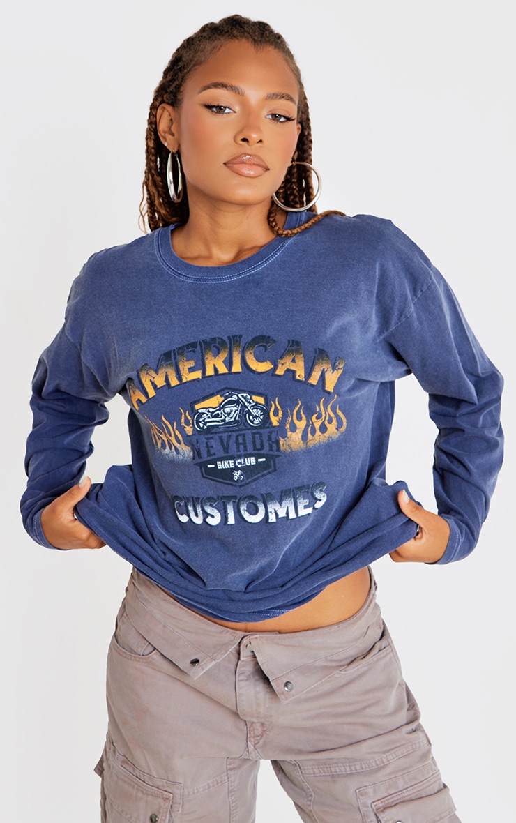 Tshirt Manches Longues Bleu Marine À Slogan American Customes