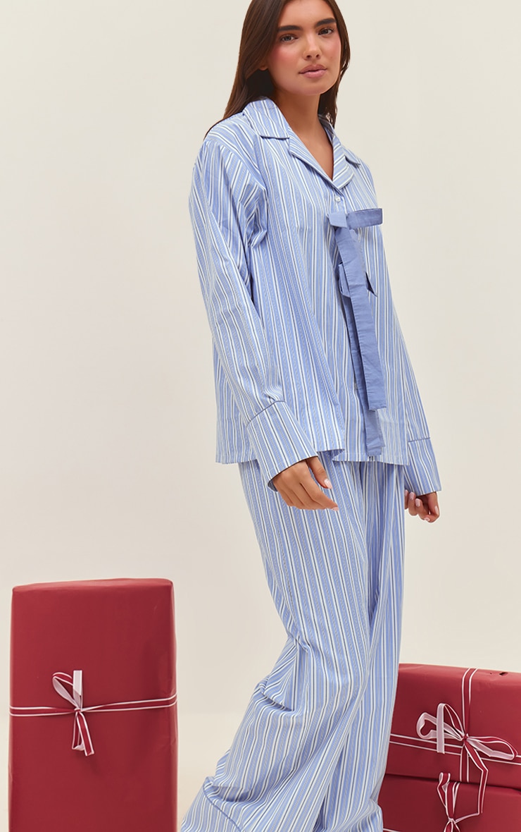 Blue Striped Bow Detail Long Pajama Set image 4