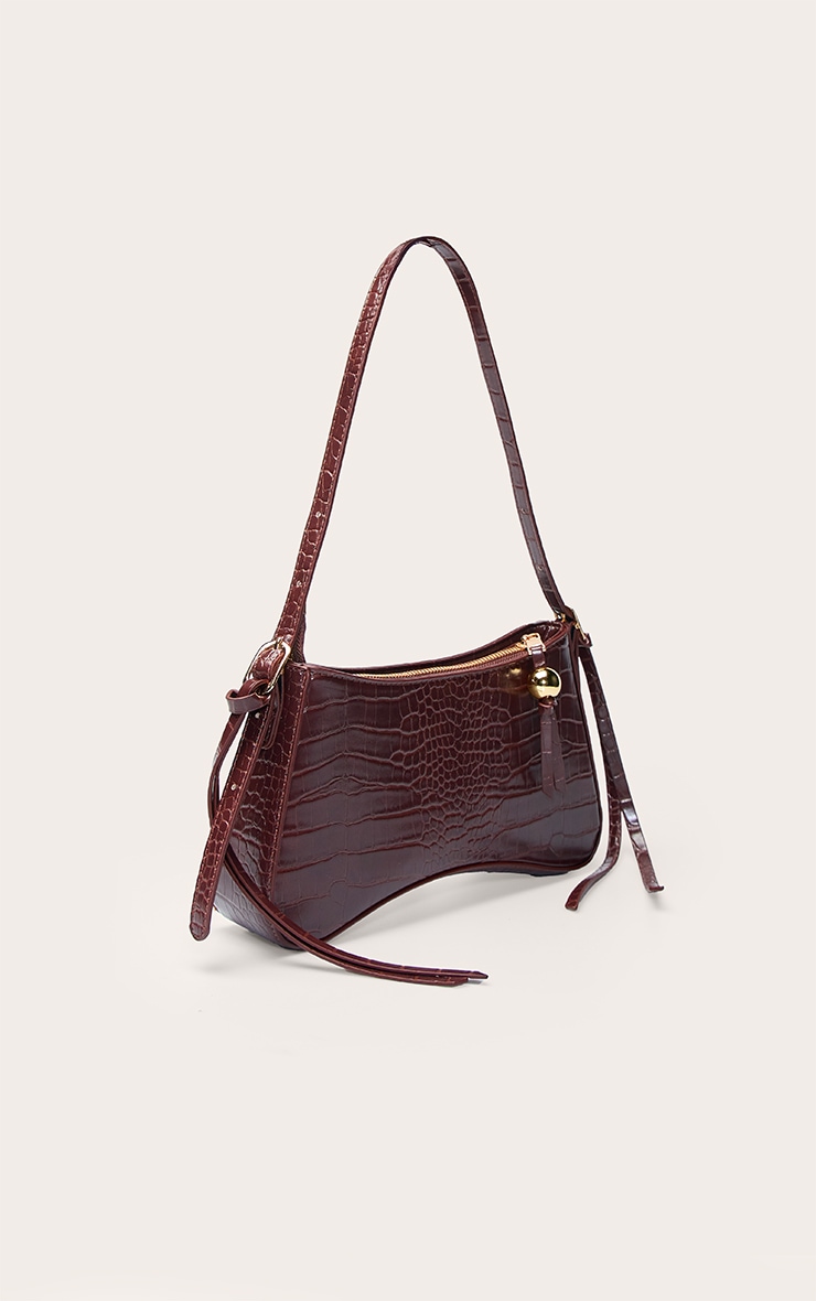 Chocolate Croc Curved Beaded Shoulder Bag image 3