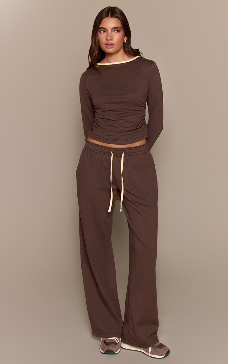 Chocolate Cotton Contrast Cuff Long Sleeve Top image 3