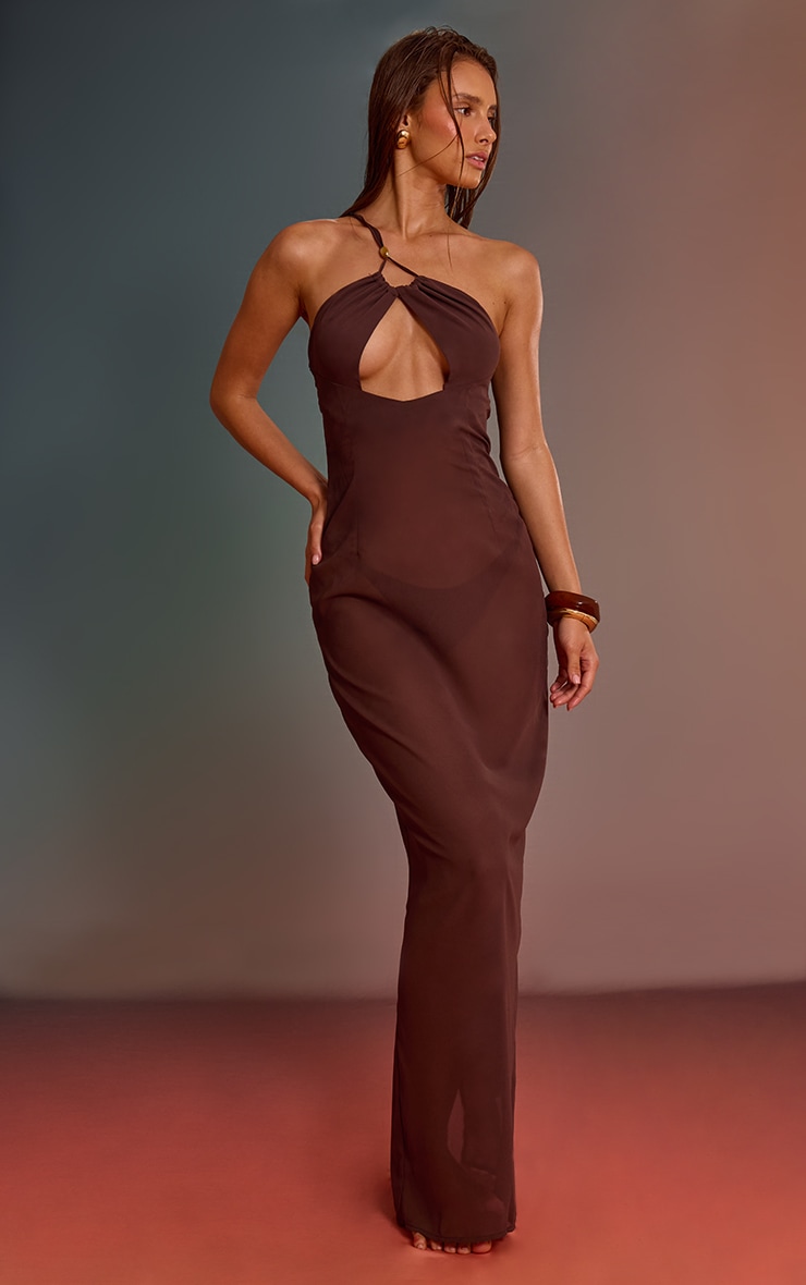 Chocolate Chiffon Bead Trim Cut Out Maxi Beach Dress image 1
