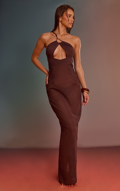 Robe de plage longue en mousseline de soie chocolat à empiècement perle et découpe