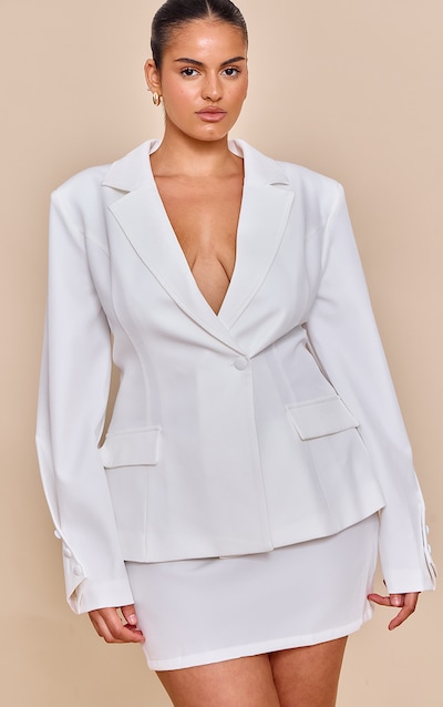 Plus Blazer ajusté tissé blanc à taille cintrée