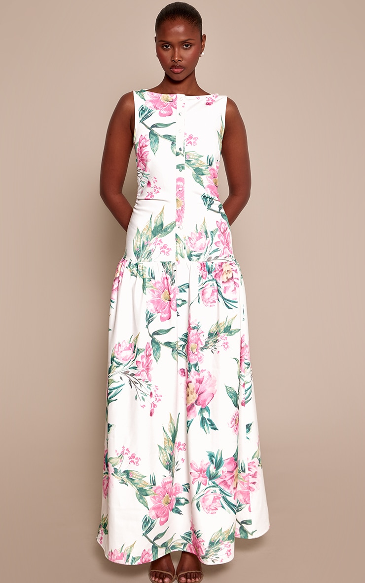Cream Floral Woven Button Dropped Waist Maxi Dress