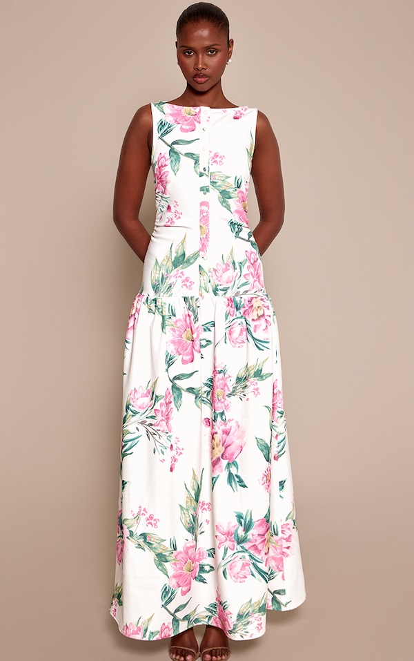 Cream Floral Woven Button Dropped Waist Maxi Dress