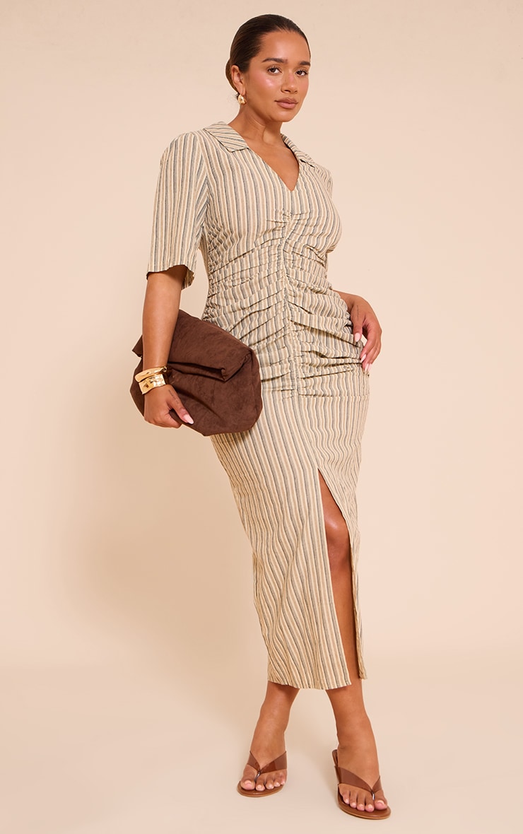 Shape STONE Striped Ruched Front Collared Split Front Maxi Dress image 3