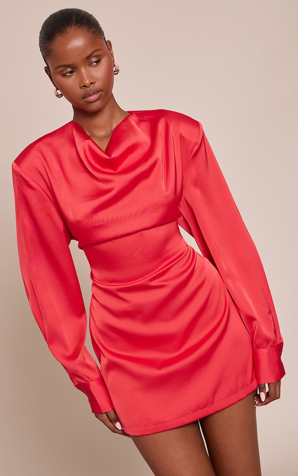Red Satin Cowl Neck Long Sleeve Midaxi Dress