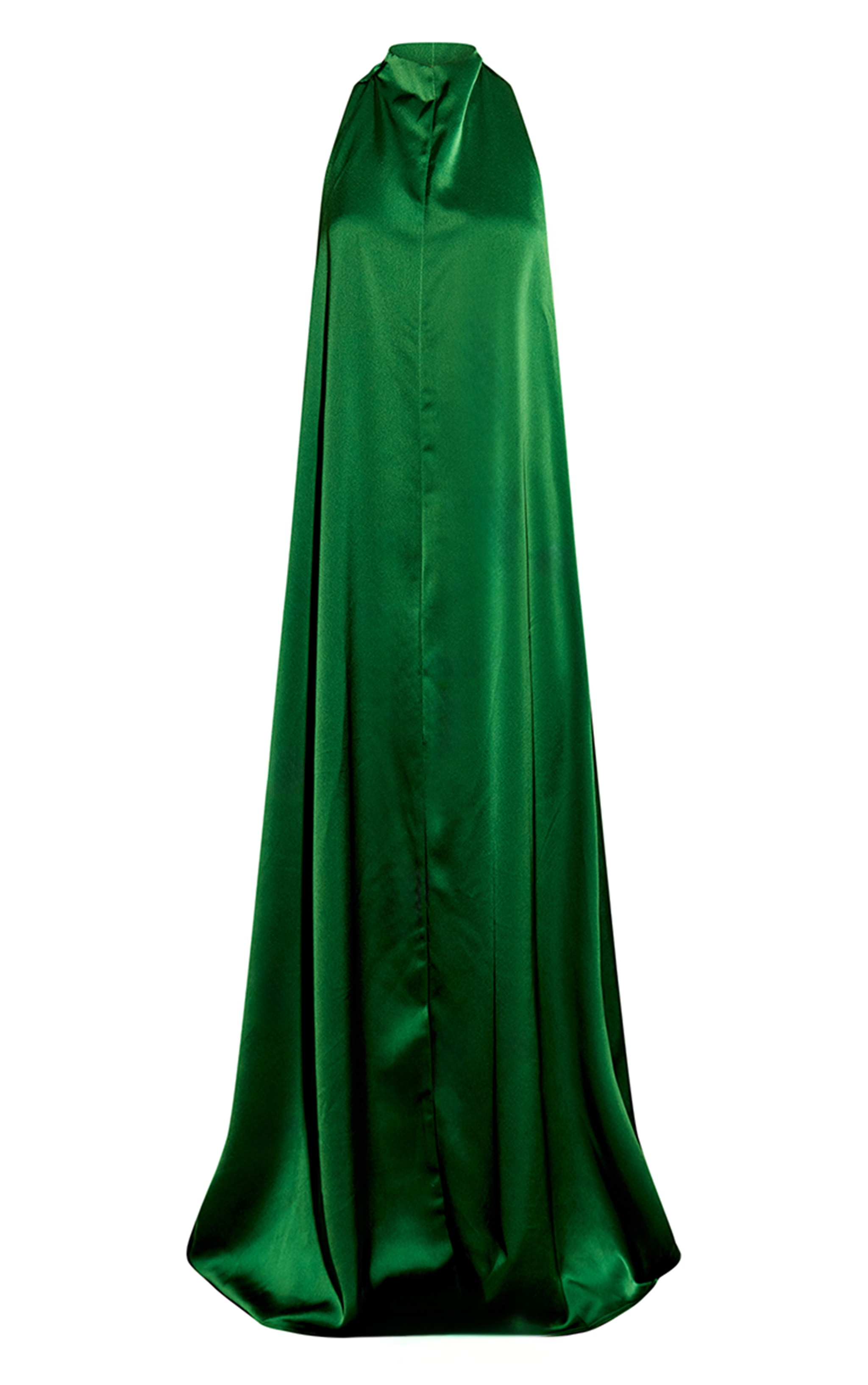 Green Satin High Neck Scoop Extreme Low Back Maxi Dress image 5
