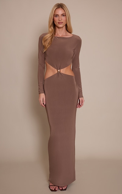 Taupe Double Layer Slinky Long Sleeve Trim Detail Maxi Dress