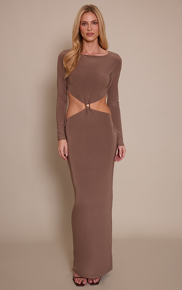 Taupe Double Layer Slinky Long Sleeve Trim Detail Maxi Dress