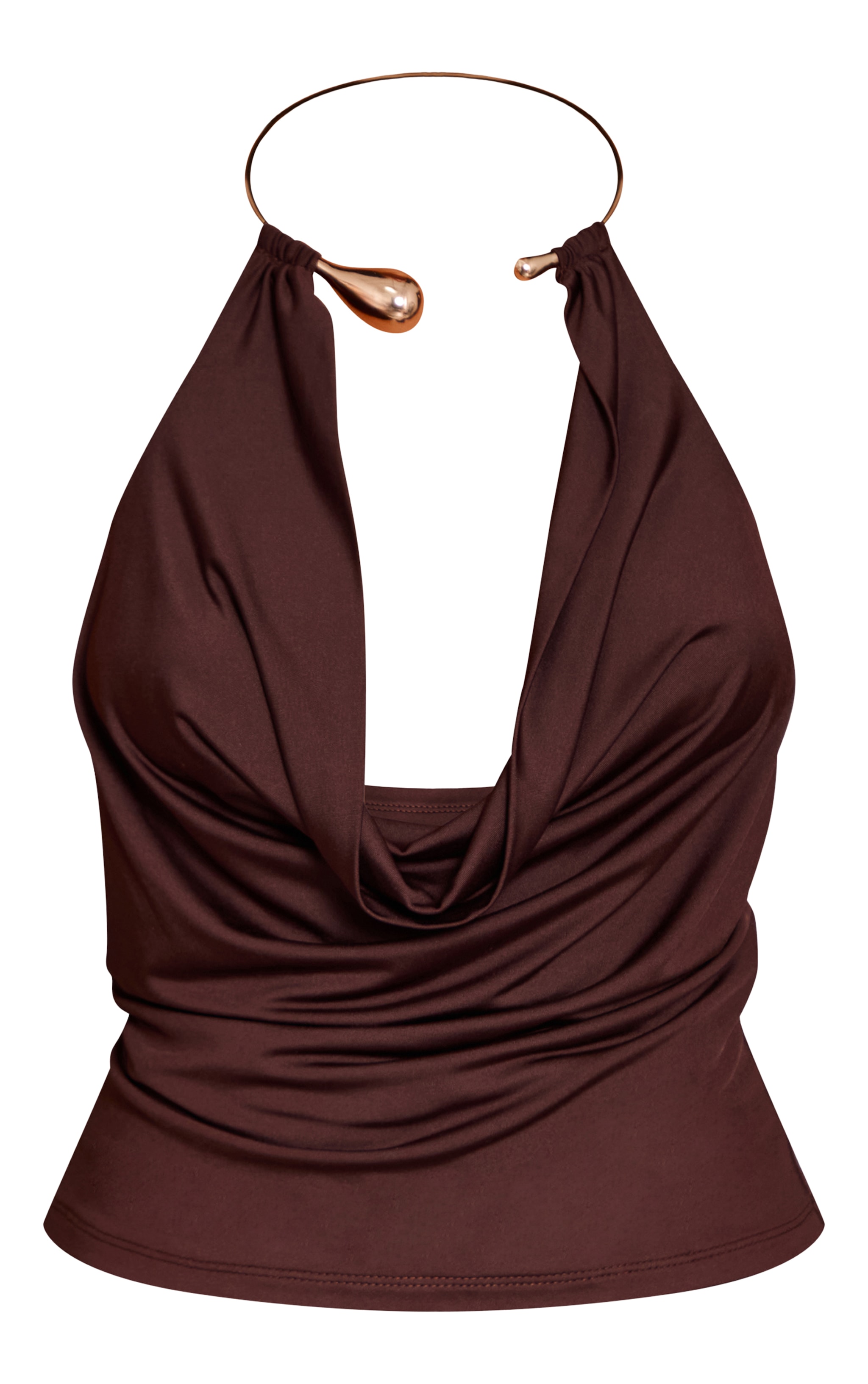 Petite Chocolate Cowl Neck Gold Halterneck Trim Detail Top image 5