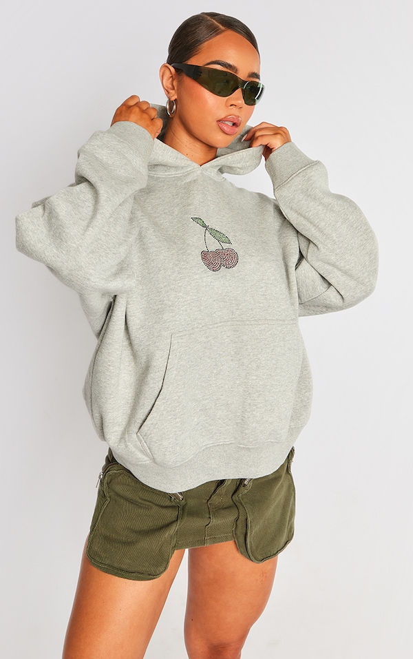 Grey Cherry Hotfix Oversized Hoodie Tops PrettyLittleThing
