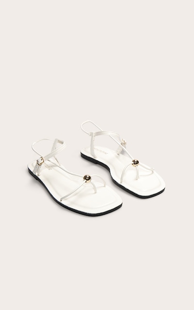 White Pu Square Toe Thong Gold Trim Flat Sandals