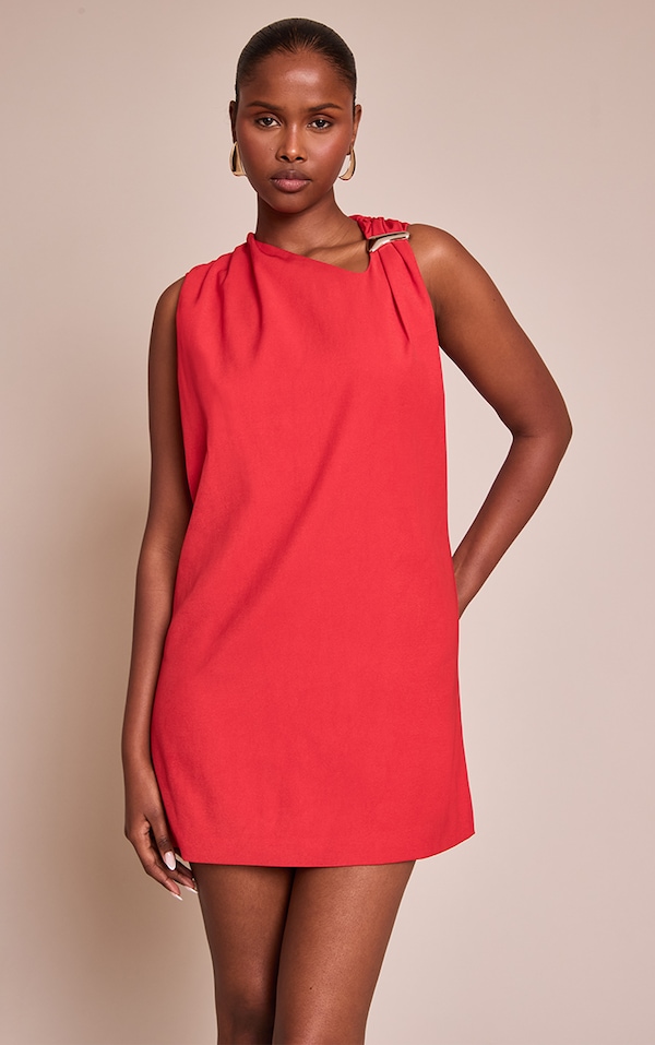 Red Woven Asymmetric Trim Detail Mini Dress